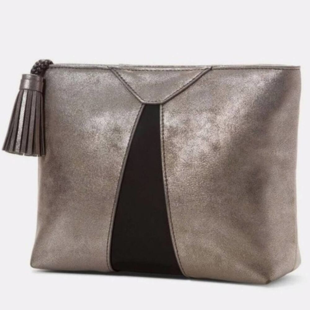 Stella & Dot Metallic Pewter Black Tassel Clutch Tiger Print Lining Bag